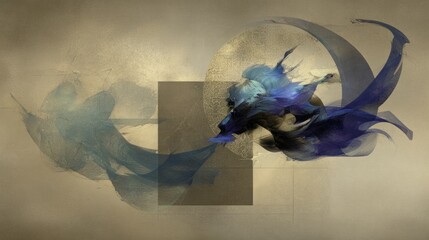 Dynamic blue form flows across a muted gold textured background with geometric elements