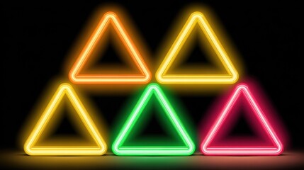 Five brightly glowing neon triangles arranged in a pyramid formation illuminate a dark background