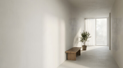 Fototapeta premium Minimalist hallway interior with wooden bench and potted plant