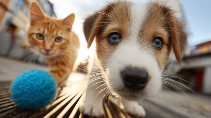 Adorable friendship: A cute puppy and a ginger cat playing together outdoors with a blue ball
