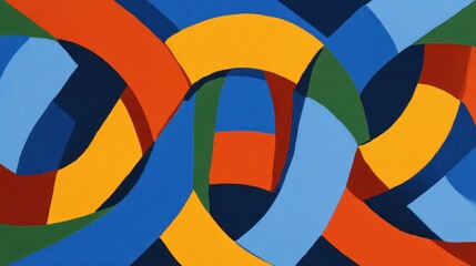 Vibrant interlocking ribbons create an abstract pattern of interwoven shapes