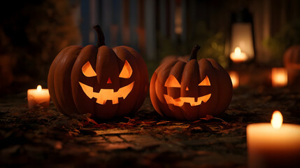 Halloween pumpkin Carving: Carved pumpkins illuminate the night with their grinning faces, casting an eerie glow amidst flickering candles, setting the mood for Halloween festivities.