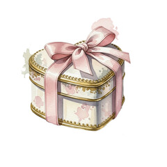 Vintage Heart-Shaped Gift Box with Pink Ribbon - Watercolor Illustration, Romantic Present, Elegant Souvenir, Antique Jewelry Box, Valentine's Day