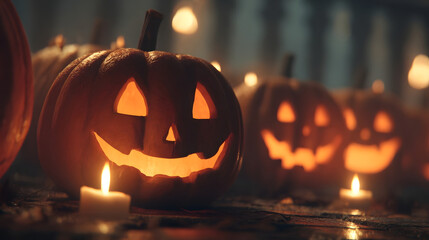 Illuminated Halloween: A row of glowing carved pumpkins with flickering candles, embodying the spooky yet inviting spirit of Halloween, set against a dark, atmospheric backdrop.