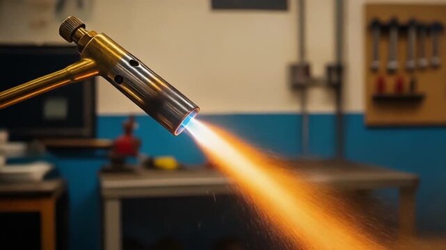 A person using a blowtorch to apply intense flame in a workshop environment with various tools in the background