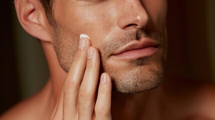 Man applying white cream onto his cheek with a finger, engaging in a daily skincare ritual for facial hydration and grooming, focusing on healthy male skin