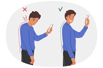 Neck clamp in man with poor posture due to frequent mobile phone use and digital addiction. Problems with posture and spinal curvature in young guy who needs help of chiropractor or massage therapist