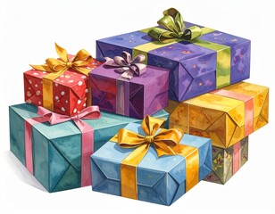Obraz premium Artistic Stack of Colorful Watercolor Illustrated Gift Boxes with Decorative Ribbon Bows