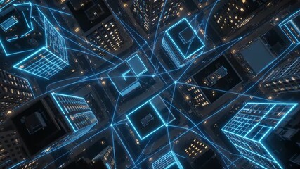 Aerial view of a cityscape at night with illuminated buildings and glowing blue lines connecting them, representing a digital network or technology concept - Powered by Adobe