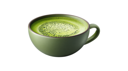 Matcha latte in a green cup with frothy foam, a popular japanese green tea beverage promoting health, wellness, and organic lifestyle, isolated on transparent background