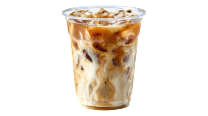 Iced coffee pouring milk in a clear plastic cup, creating smooth swirls and brown liquid patterns, refreshing cold drink for energizing concept, transparent background