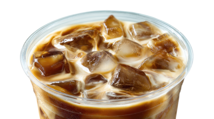 Iced latte with milk and coffee swirling around ice cubes in a clear plastic cup, refreshing cold beverage on transparent background