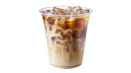 Iced coffee blending with milk and cream swirls in a clear plastic cup, refreshing cold beverage with ice cubes for a summer drink, transparent background