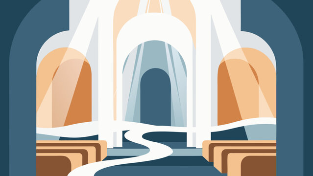 Church interior with light rays and benches, abstract art in soft pastel tones