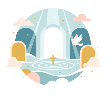Contemporary flat vector baptism illustration with abstract church interior with light rays, water ripples, small cross and dove, soft pastel tones, white background