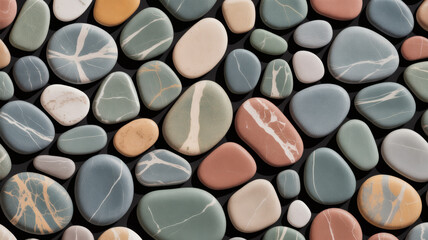 Assortment of naturally smoothed colorful river stones with distinct veining patterns laid closely together on a dark surface creating a beautiful abstract background texture for design