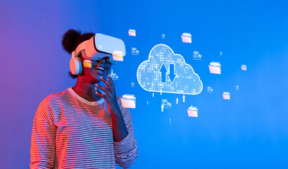 A woman enjoys an immersive experience using a virtual reality headset, exploring cloud computing and online storage in a vibrant, digitally connected environment. XDMCP