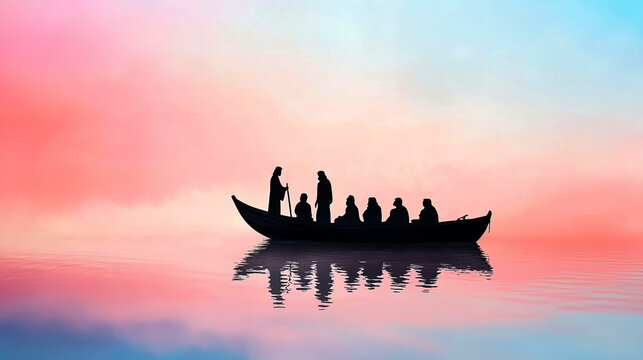 watercolor illustration of jesus standing on the boat with his disciples