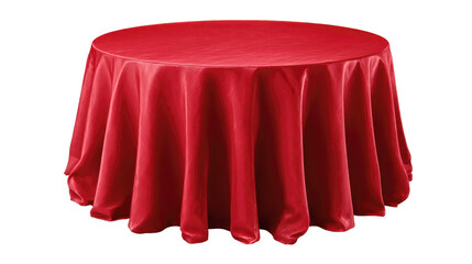 Red round table with satin tablecloth, elegant fabric drapery for formal events, banquets, and celebration dining, isolated on transparent background