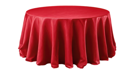 Red round table with satin tablecloth, elegant fabric drapery for formal events, banquets, and celebration dining, isolated on transparent background