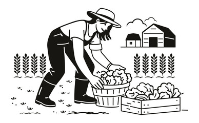 Female Farmer Harvesting Vegetables on Organic Farm Vector Illustration