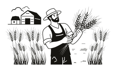 Farmer Holding Wheat Harvest in Field Vector Silhouette Illustration
