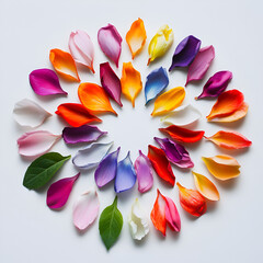 Fototapeta premium Colorful Flower Petals Circular Arrangement on White Background