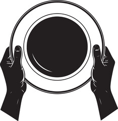 Black silhouette of two hands holding a white plate with black rim also transparent background dish