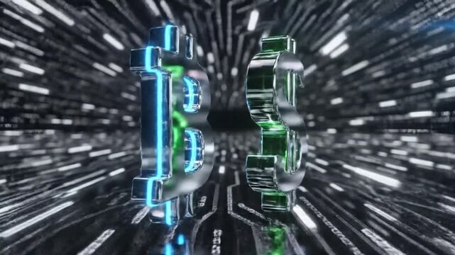 Animated neon bitcoin and dollar signs on futuristic circuit board