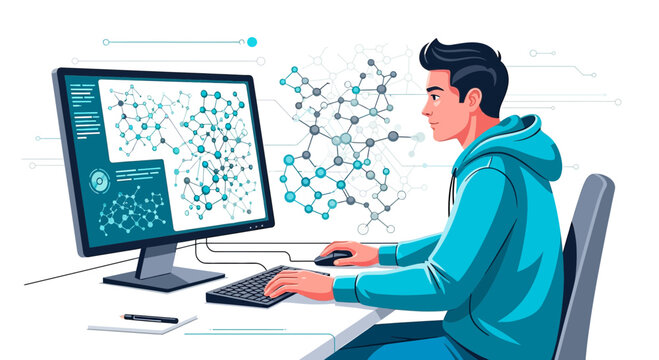 Illustrative depiction of a data scientist analyzing complex molecular structures on a computer