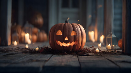 Enchanted Autumn: A smiling jack-o'-lantern radiates warm light, casting an eerie glow amidst flickering candles and the mystical ambiance of a festive evening.