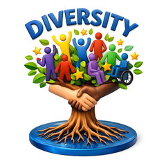 A vibrant 3D illustration of a "Diversity" tree with multicolored figures. The trunk features two hands of different skin tones shaking, symbolizing unity, growth, and inclusive support.
