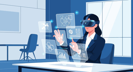 Immersive Analytics: Businesswoman Navigating Virtual Data Interfaces with VR Technology in Office