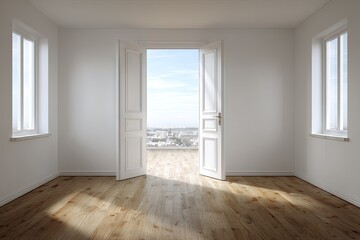Fototapeta premium Bright empty room with open doors and windows overlooking cityscape