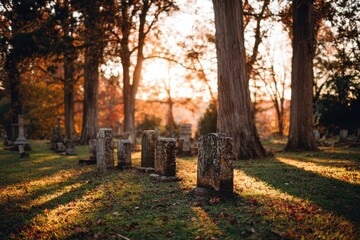 Peaceful graveyard at dusk with rows of headstones and autumn foliage