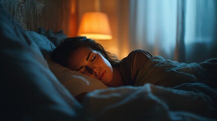 Peaceful sleep in a cozy moonlit bedroom with warm bedside lighting