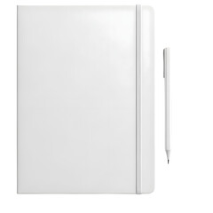 minimalist blank white notebook paired with a matching pen