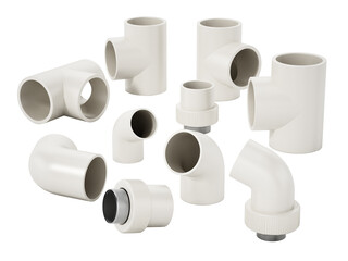 Group of various sized PVC connection parts isolated on transparent background. 3D illustration