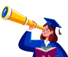 Cartoon Girl Graduate with Book Looking Through Telescope