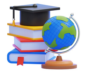 3D Graduation Cap on Stack of Books with Globe Illustration