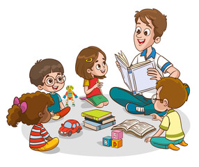 Cartoon Teacher Reading Story to Group of Diverse Children