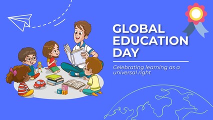 Global Education Day Illustration with Teacher Reading to Children