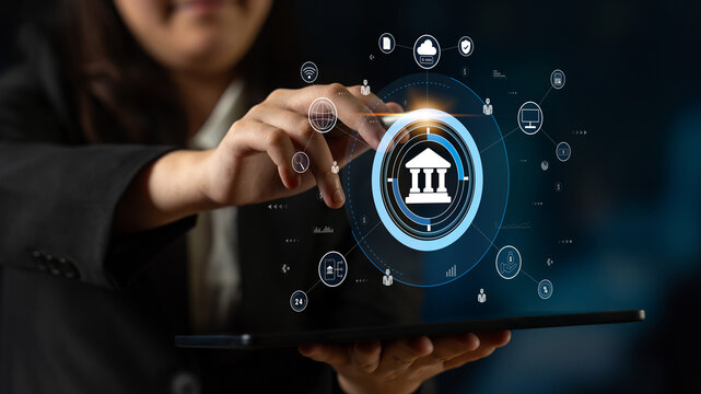 A global FinTech and digital banking network technology concept. A central financial system connected to the worldwide digital economy and services. Motif - Powered by Adobe