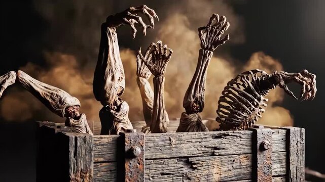 Skeleton arm skeletal hand wooden crate weathered wooden chest rusted metal straps moody lighting