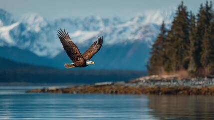 Portrait of a bald eagle in flight over icy blue waters near Homer, Alaska