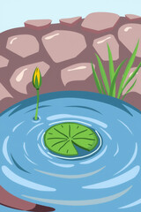 Flat Vector Of A Small Pond With One Lily Pad