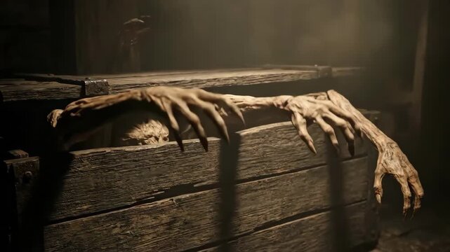 Gnarled skeletal hand reaching from wooden chest eerie atmospheric light decayed hands from wooden