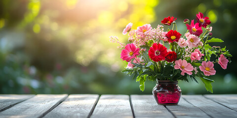Blooming Pink Flowers in Pot on Sunlit Garden Table