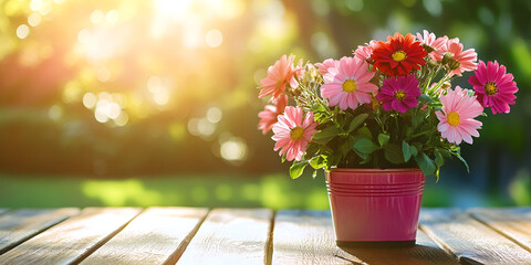 Blooming Pink Flowers in Pot on Sunlit Garden Table
