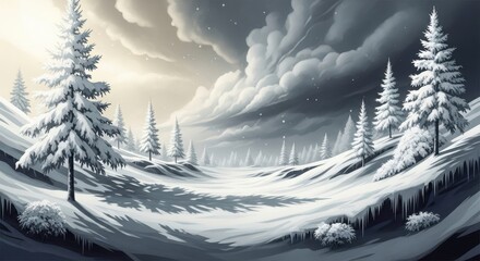 Snowy landscape with trees under cloudy sky